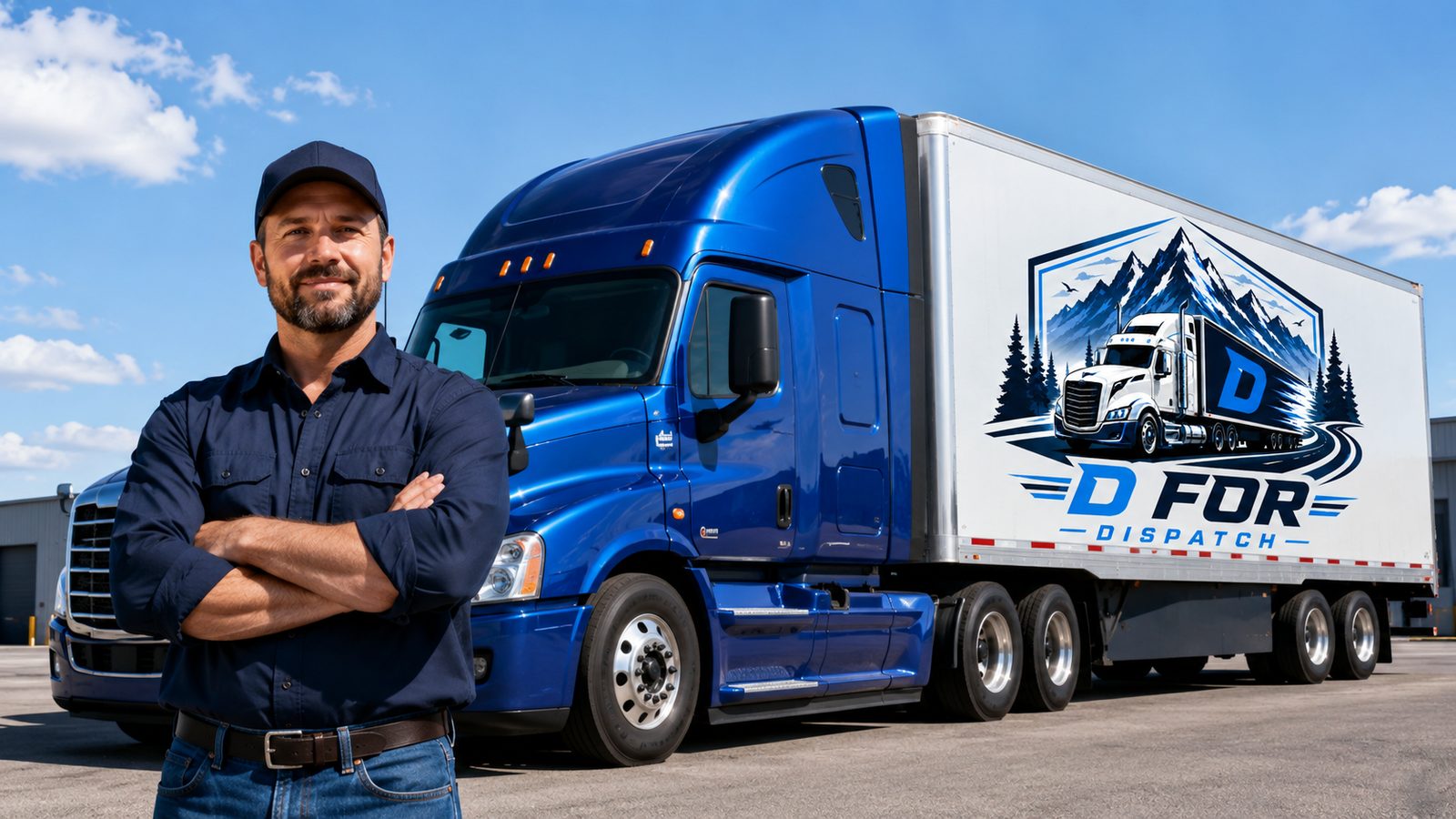 Driver standing by branded truck